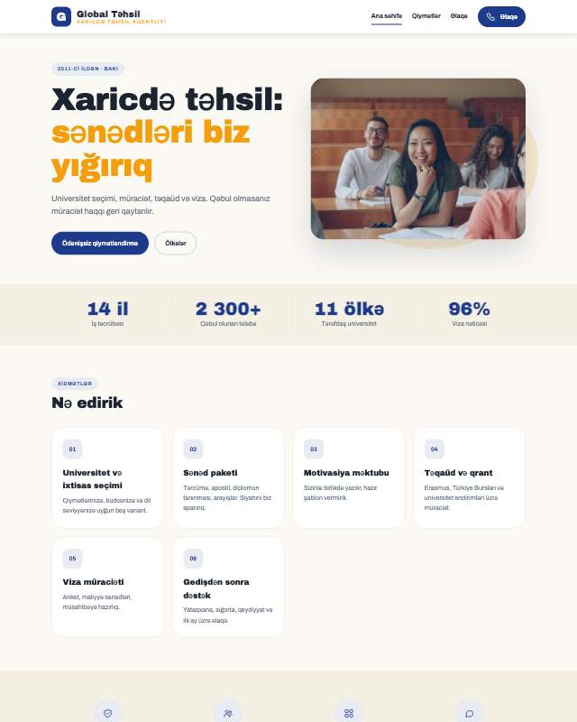 Xaricdə təhsil veb sayt şablonunun ekran görüntüsü