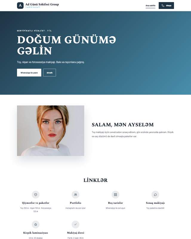 Ad günü səhifəsi · Təmiz veb sayt şablonunun ekran görüntüsü