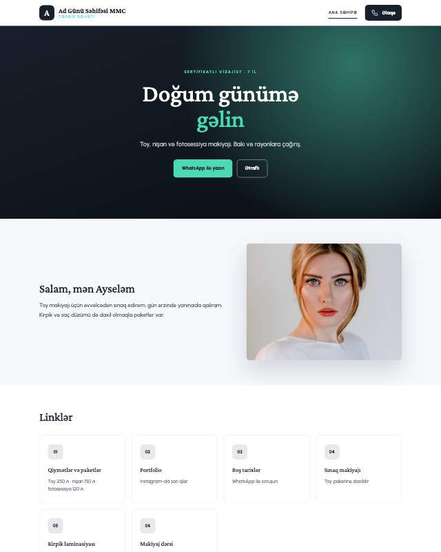 Ad günü dəvətnaməsi üçün veb sayt şablonu «Modern»: ekran görüntüsü