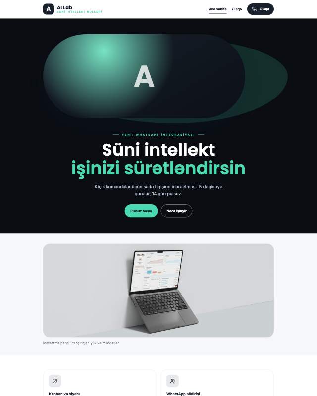 Süni intellekt həlləri sayt dizaynının ekran görüntüsü