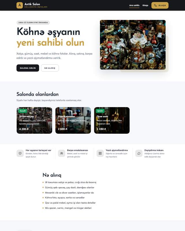 Antikvar · Tünd veb sayt şablonunun ekran görüntüsü