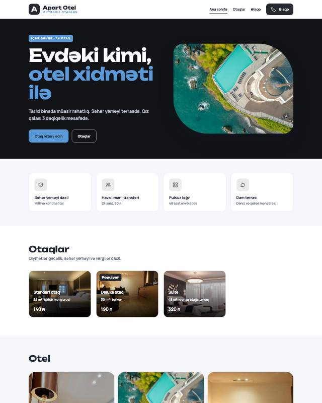 Apart otel üçün veb sayt şablonunun ekran görüntüsü