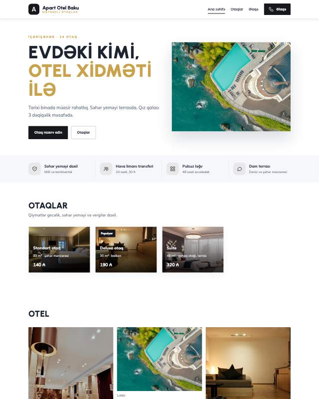 Apart otel üçün veb sayt şablonu «Tünd»: ekran görüntüsü