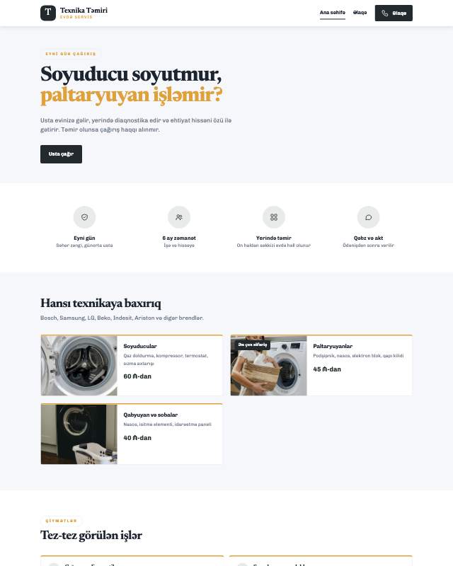 Texnika təmiri · Kart sayt dizaynının ekran görüntüsü