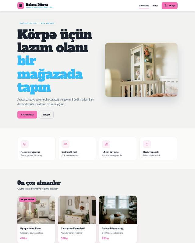 Körpə malları mağazası üçün veb sayt şablonunun ekran görüntüsü