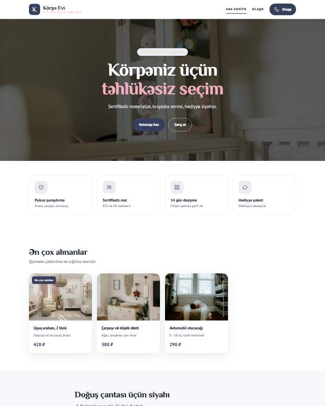 Körpə malları · Yumşaq veb sayt şablonunun ekran görüntüsü