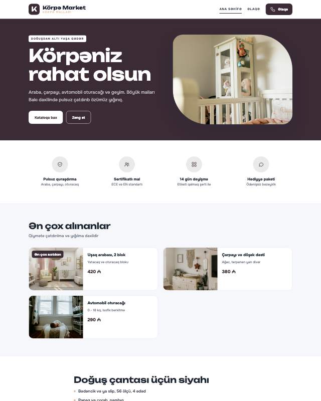 Körpə malları mağazası üçün veb sayt şablonu «Zərif»: ekran görüntüsü
