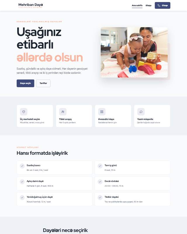 Dayə xidməti sayt dizaynının ekran görüntüsü