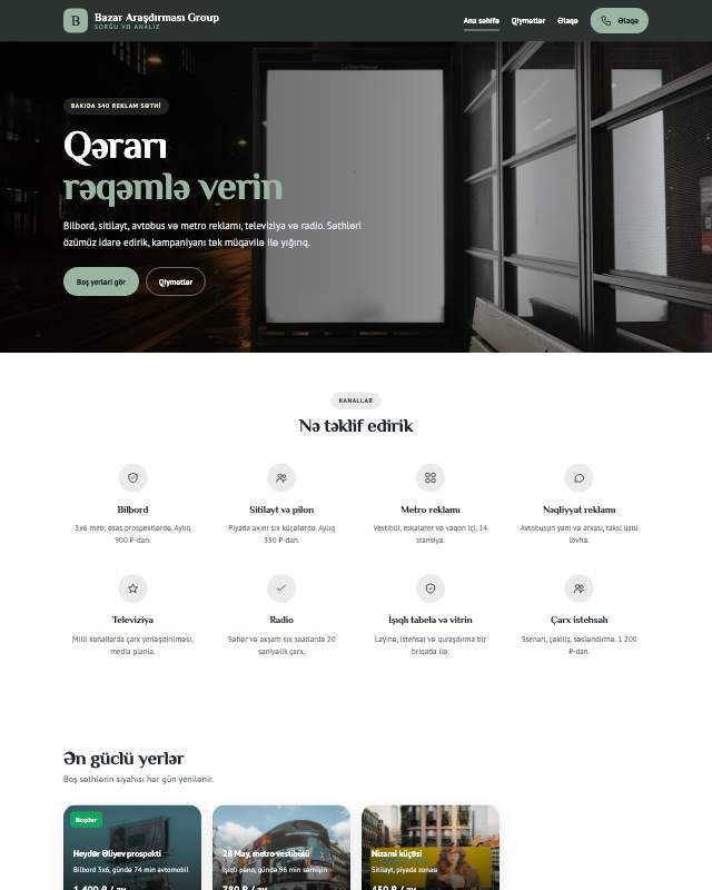 Bazar araşdırması · Sakit veb sayt şablonunun ekran görüntüsü
