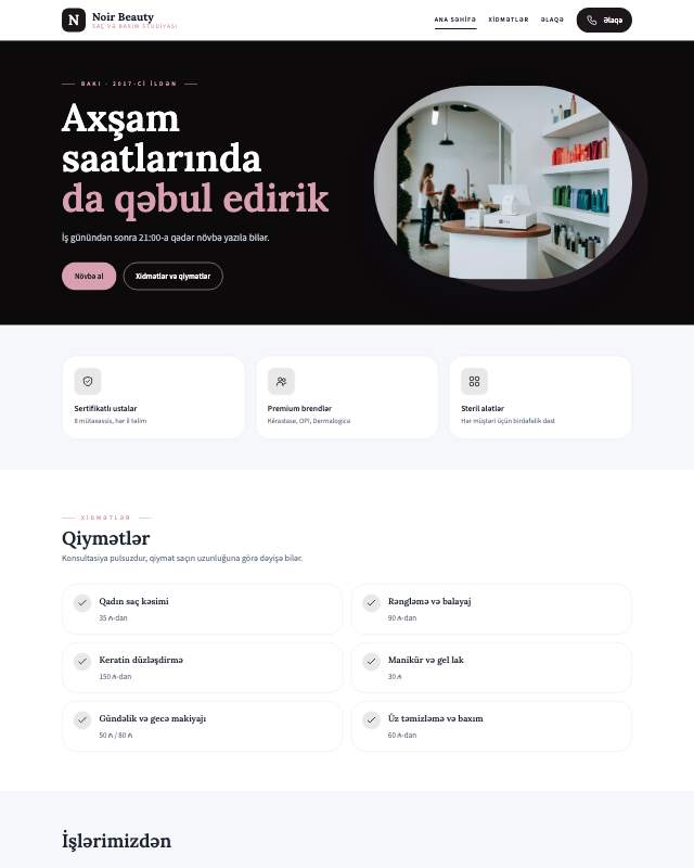 Gözəllik salonu · Tünd veb sayt şablonunun ekran görüntüsü