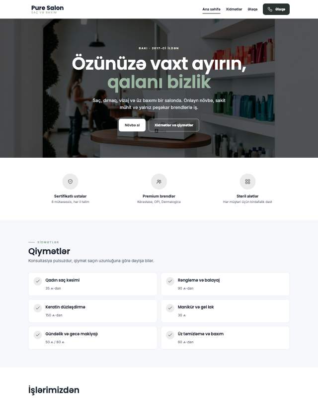 Gözəllik salonu · Sakit sayt dizaynının ekran görüntüsü