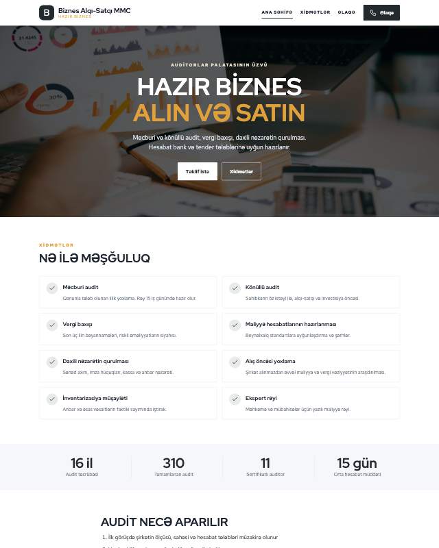Biznes alqı-satqısı · Kart sayt dizaynının ekran görüntüsü
