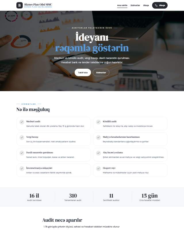 Biznes plan hazırlanması · Minimal sayt dizaynının ekran görüntüsü