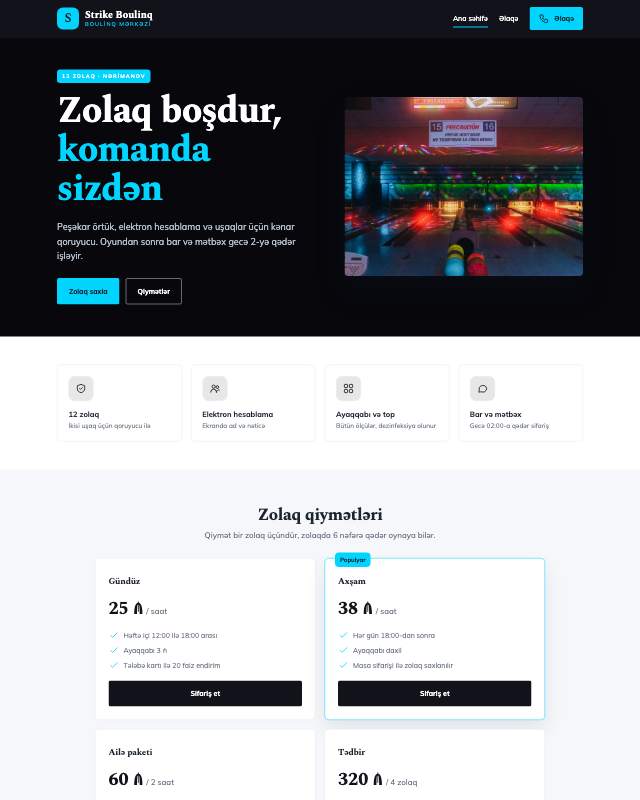 Boulinq mərkəzi üçün veb sayt şablonunun ekran görüntüsü