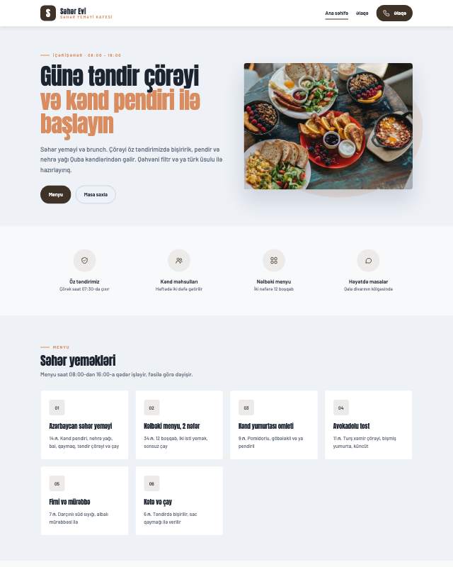 Səhər yeməyi kafesi üçün veb sayt şablonunun ekran görüntüsü