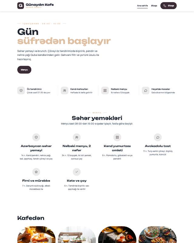 Səhər yeməyi kafesi üçün veb sayt şablonu «Zərif»: ekran görüntüsü