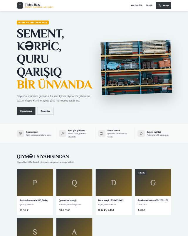 Tikinti materialları sayt dizaynının ekran görüntüsü