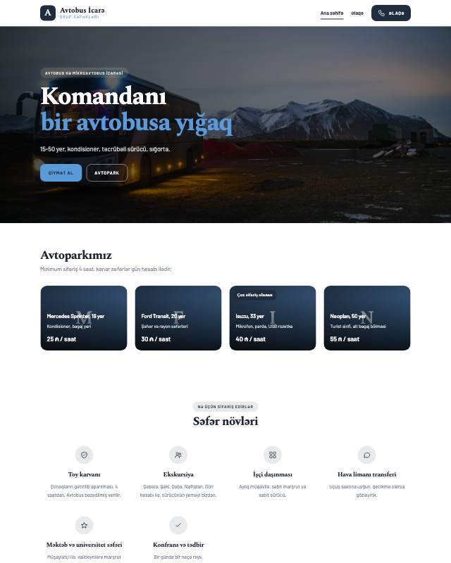 Avtobus icarəsi · Səfər veb sayt şablonunun ekran görüntüsü