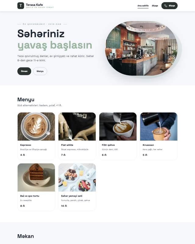 Kafe və qəhvəxana üçün veb sayt şablonu «Sakit»: ekran görüntüsü