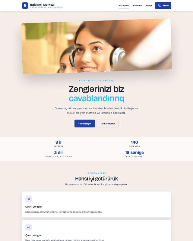 Çağrı mərkəzi üçün veb sayt şablonunun ekran görüntüsü