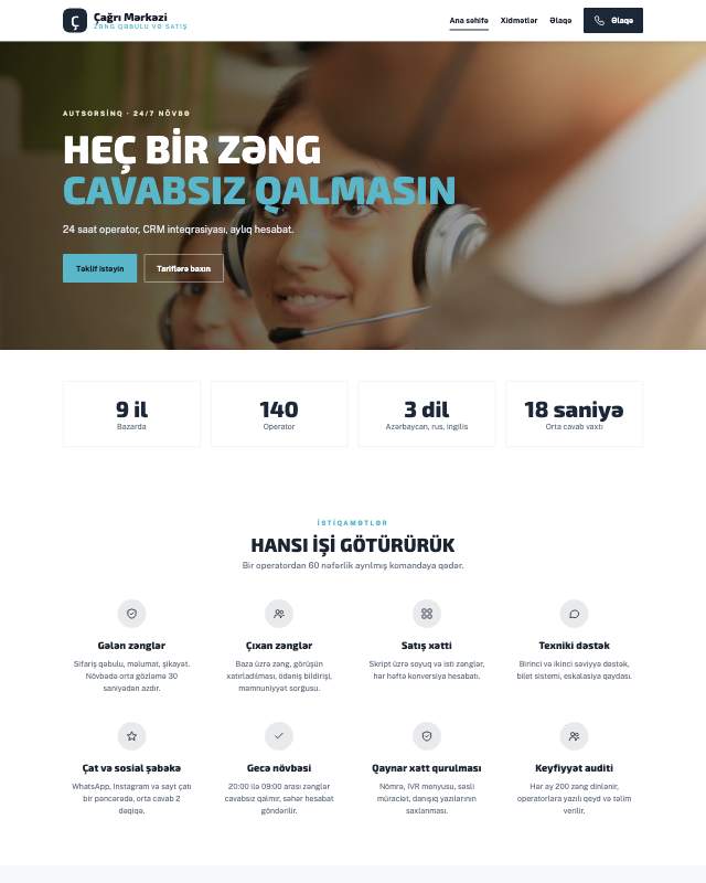 Çağrı mərkəzi · Xətt veb sayt şablonunun ekran görüntüsü