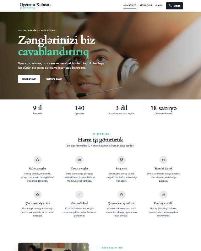 Çağrı mərkəzi · Modern veb sayt şablonunun ekran görüntüsü