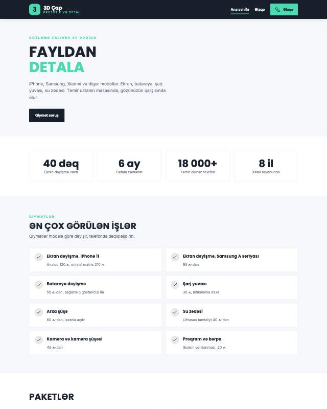 3D çap xidməti sayt dizaynının ekran görüntüsü