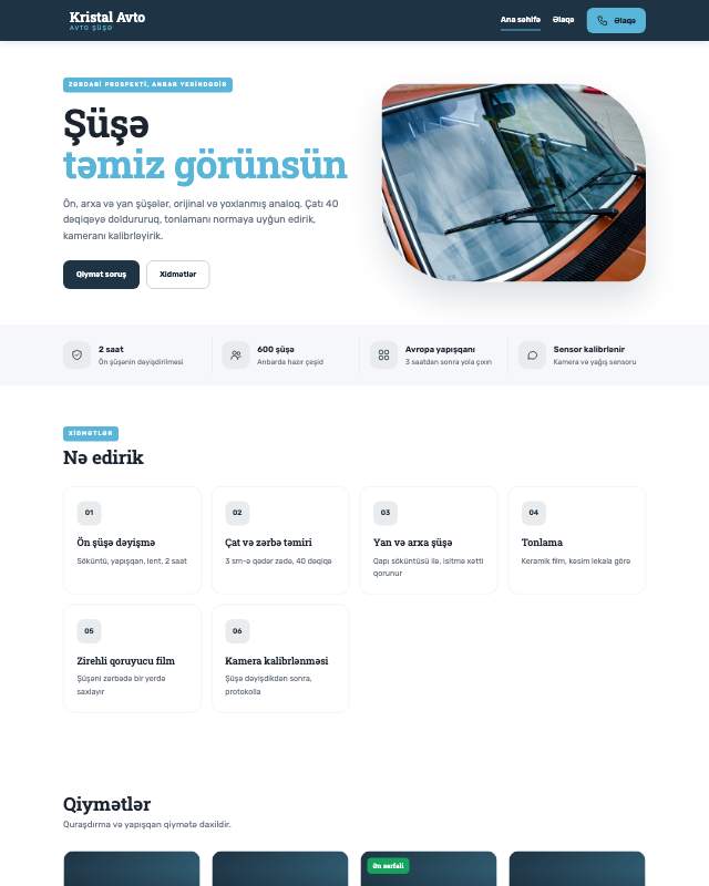 Avto şüşə · Təmiz veb sayt şablonunun ekran görüntüsü