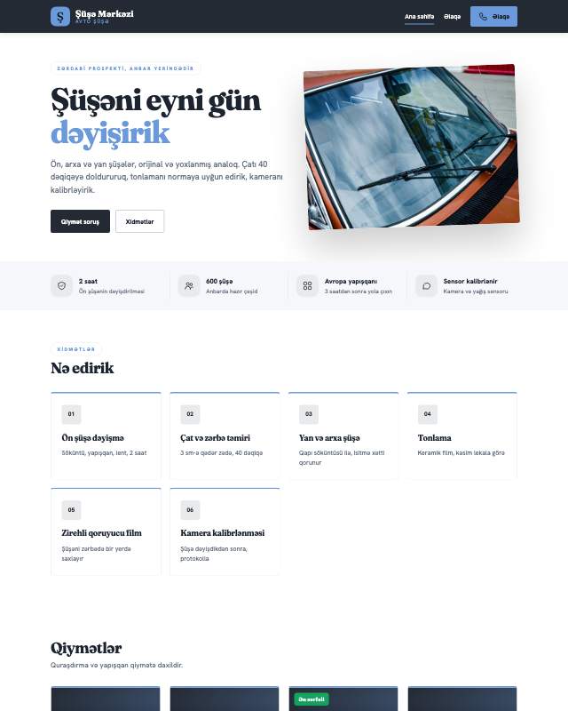 Avto şüşə xidməti üçün veb sayt şablonu «Sadə»: ekran görüntüsü