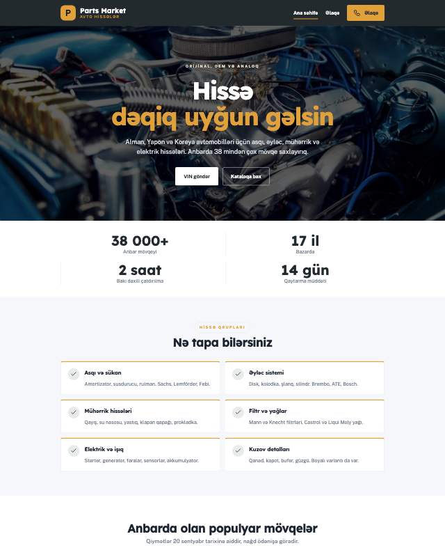 Ehtiyat hissələri · Kart veb sayt şablonunun ekran görüntüsü