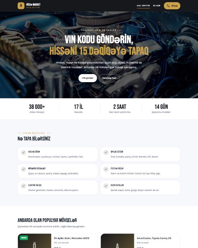 Ehtiyat hissələri · Tünd veb sayt şablonunun ekran görüntüsü