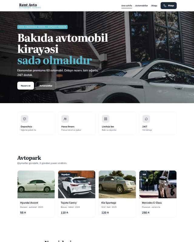 Avto kirayə · Geniş veb sayt şablonunun ekran görüntüsü