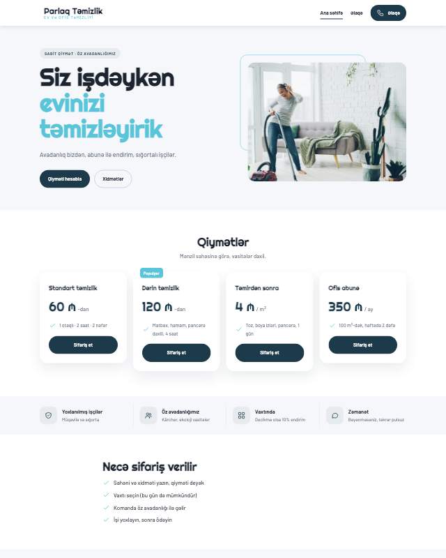 Təmizlik xidməti · Təmiz veb sayt şablonunun ekran görüntüsü