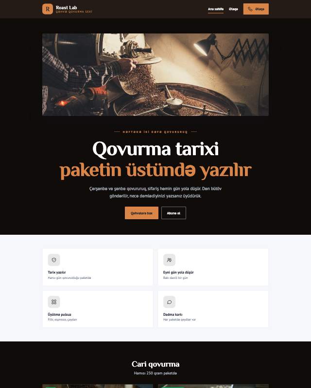 Qəhvə qovurma veb sayt şablonunun ekran görüntüsü
