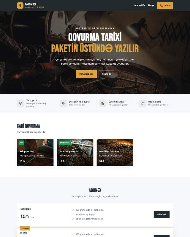 Qəhvə qovurma · Kart veb sayt şablonunun ekran görüntüsü