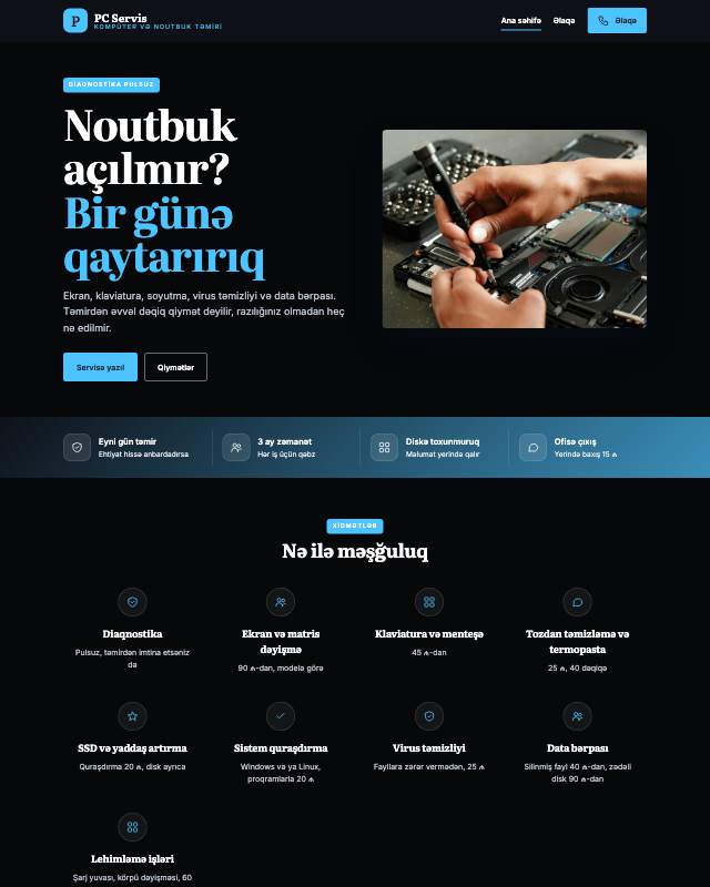 Kompüter təmiri sayt dizaynının ekran görüntüsü