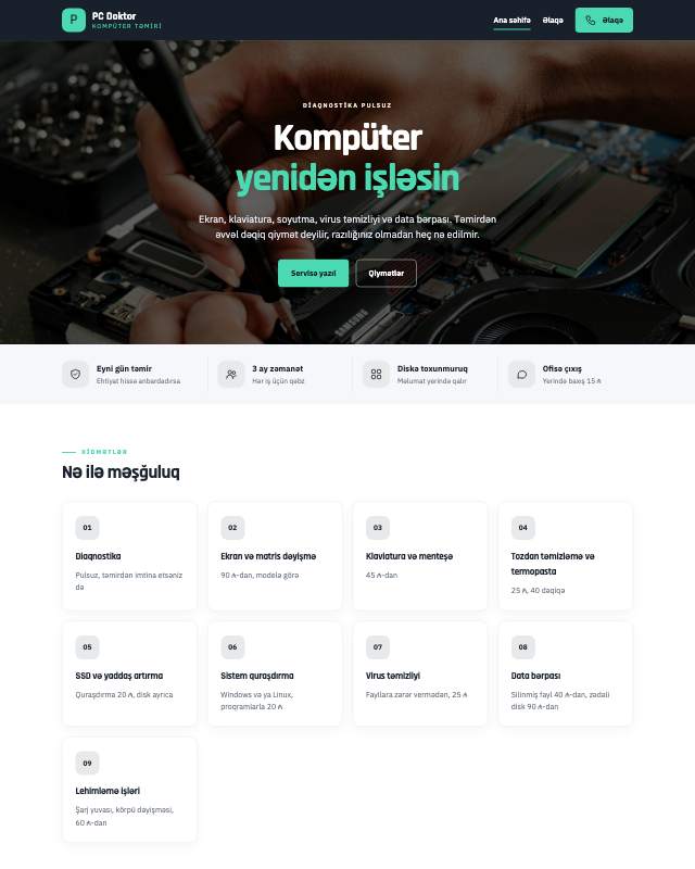 Kompüter təmiri · Modern veb sayt şablonunun ekran görüntüsü