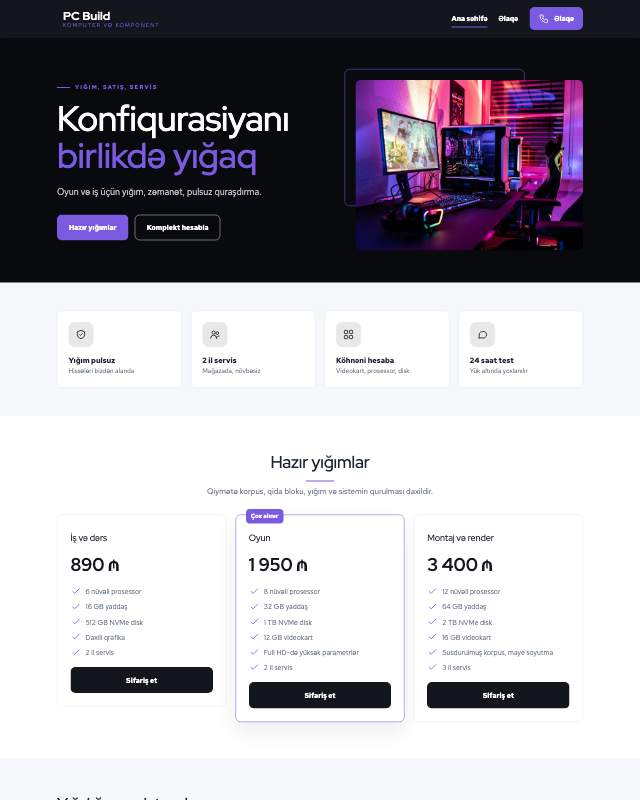 Kompüter mağazası · Gaming veb sayt şablonunun ekran görüntüsü