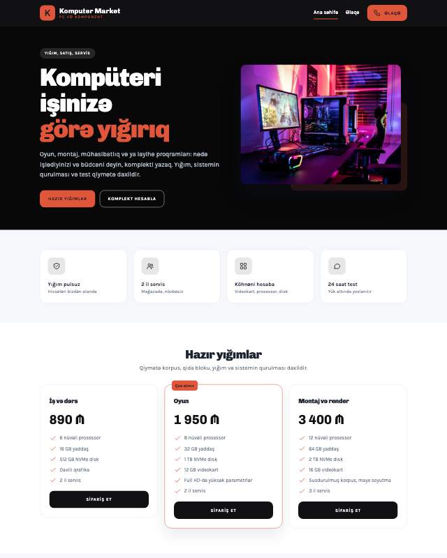 Kompüter mağazası · Kontrast veb sayt şablonunun ekran görüntüsü