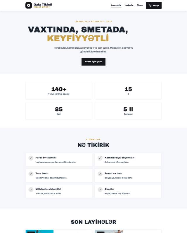 Tikinti şirkəti · Tünd veb sayt şablonunun ekran görüntüsü