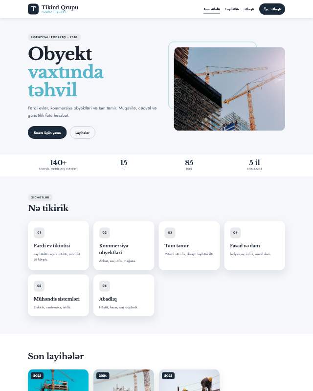 Tikinti şirkəti · Geniş veb sayt şablonunun ekran görüntüsü