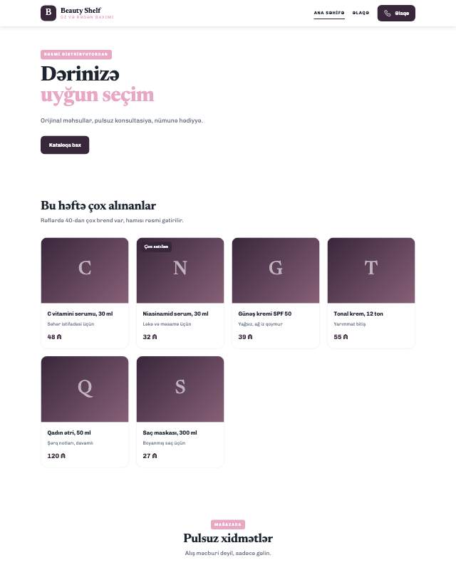 Kosmetika mağazası · Butik sayt dizaynının ekran görüntüsü
