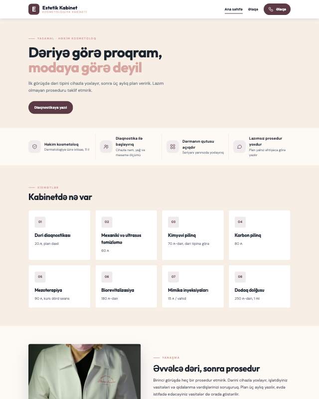Kosmetologiya sayt dizaynının ekran görüntüsü