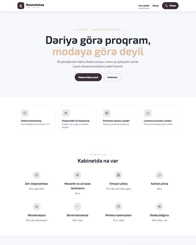 Kosmetologiya · Zərif sayt dizaynının ekran görüntüsü