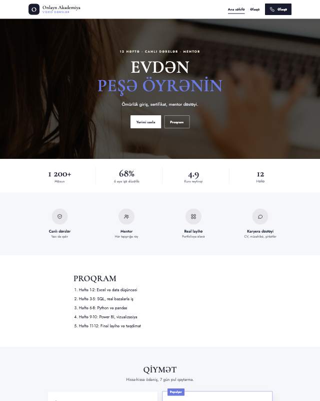 Onlayn kurs · Platforma veb sayt şablonunun ekran görüntüsü