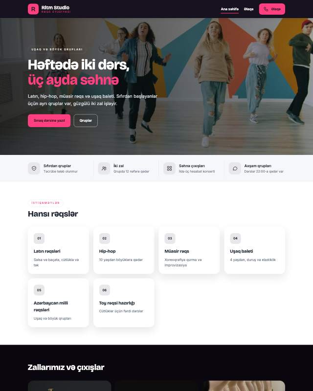 Rəqs studiyası sayt dizaynının ekran görüntüsü