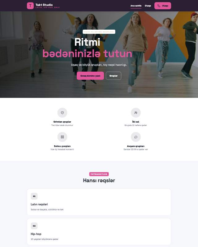 Rəqs studiyası · Ritm veb sayt şablonunun ekran görüntüsü