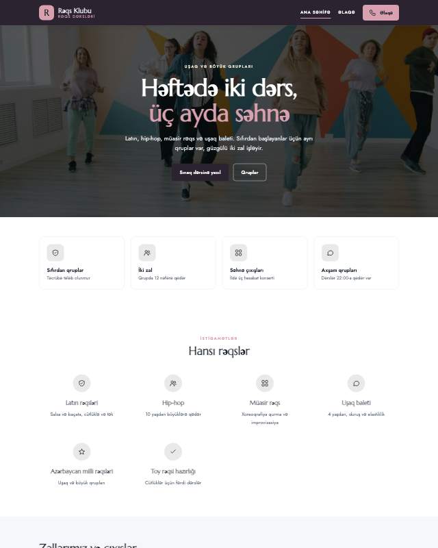 Rəqs studiyası · Jurnal veb sayt şablonunun ekran görüntüsü
