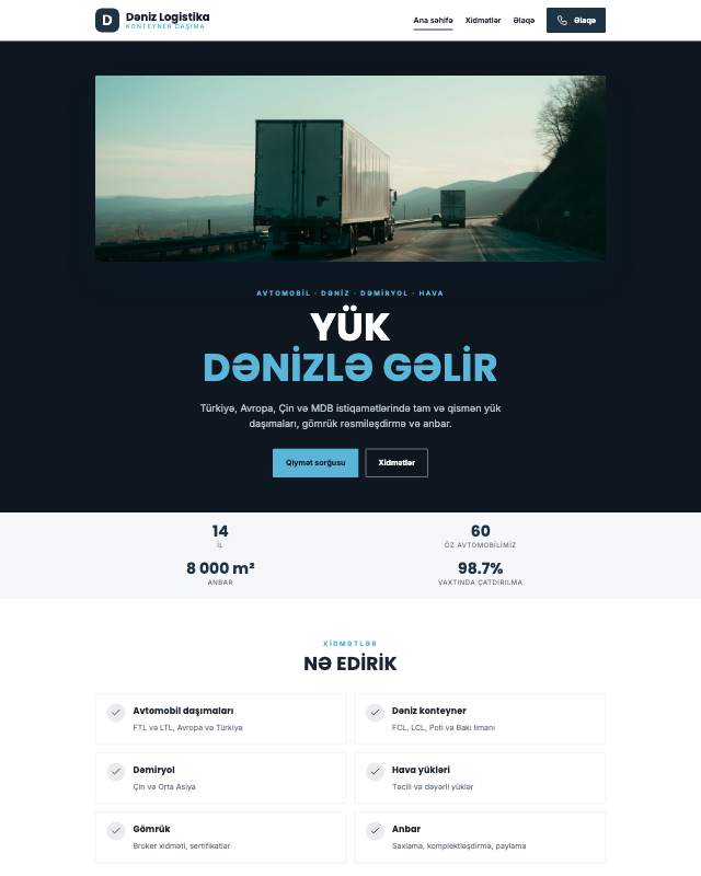 Dəniz nəqliyyatı sayt dizaynının ekran görüntüsü