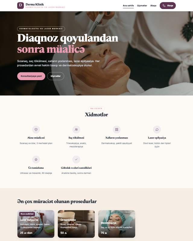 Dermatologiya sayt dizaynının ekran görüntüsü